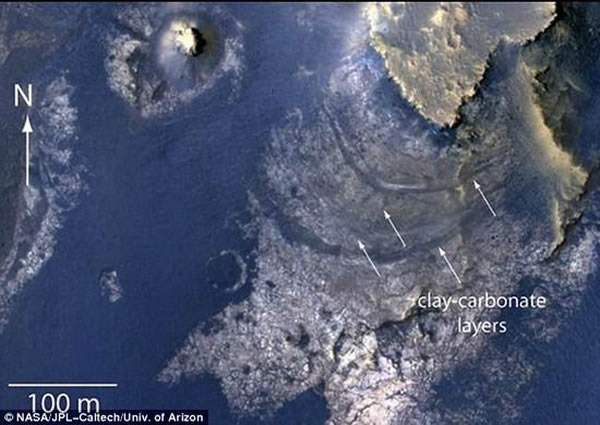 麦克拉芬陨坑中的碳酸盐层显示沉积岩石中有矿物质水蚀反应的光谱证据