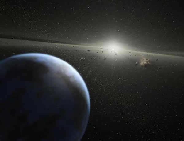 艺术家绘制的巨大系外行星与小行星带环绕恒星的情景