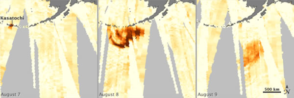 第一幅图显示了2008年8月阿留申群岛东南部上空的气溶胶粒子浓度