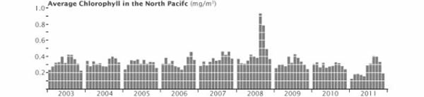 第三幅图显示第二幅图中白色插图框标出的海域中的叶绿素总浓度,从中可以看出叶绿素在2008年的显著增长。