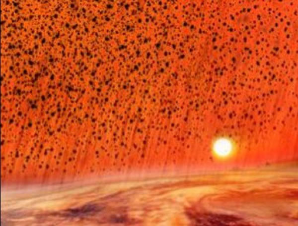 艺术家绘制的HD 209458b热木行星上飘着“热雪”与黑烟粒的情景