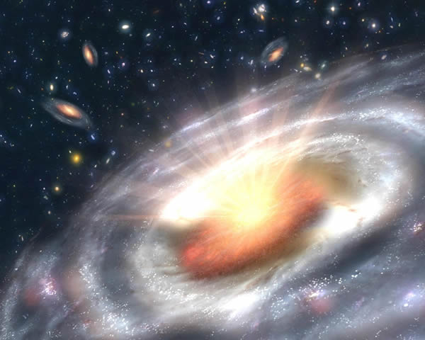 盘状星系中央黑洞的艺术家印象图。这个位于NGC4526的黑洞重量是太阳的4.5亿倍。