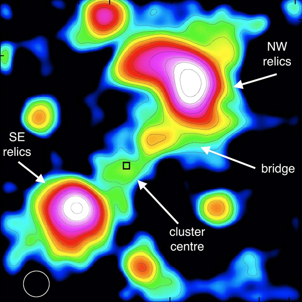 星系群艾贝尔3667的图片,包括新发现的1300万光年远的桥状结构。
