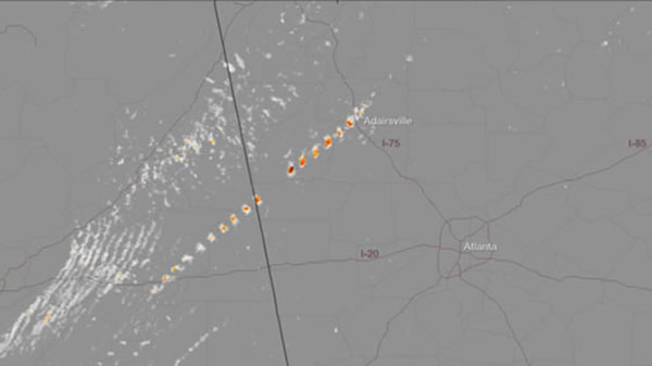 The signature of rotating winds associated with a tornado that struck Adairsvill