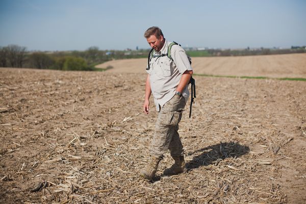 Meteor hunter Michael Farmer looks for meteorite fragments in a Wisconsin cornfi
