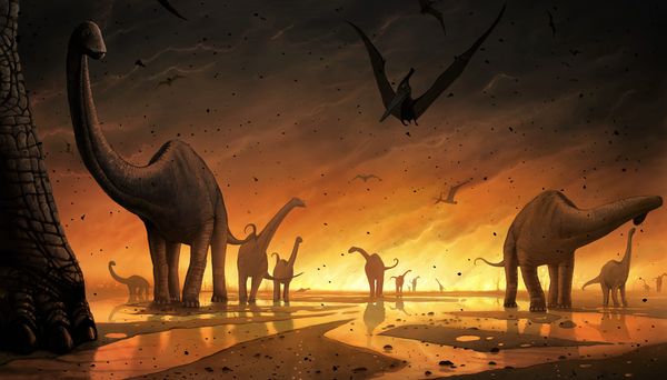 An illustration of dinosaurs fleeing a meteorite impact.