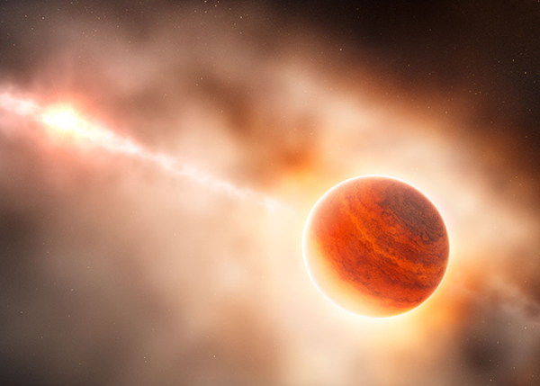 环绕年轻恒星HD 100546的盘状物里正在逐渐形成的气体巨星的艺术家印象图。