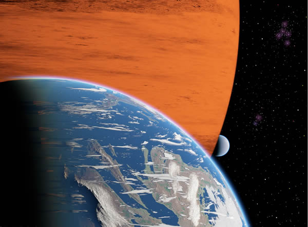 两颗环绕巨大气体行星的系外卫星的艺术家印象图