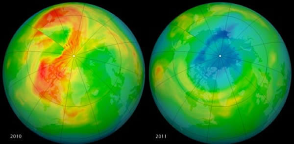 2010年北极上空的臭氧浓度(左)和2011年臭氧浓度的对比图