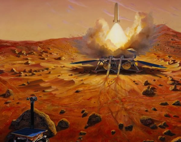 科学家设想的2022年样本采集计划图像,利用成熟的着陆器平台将火星岩石样本带回地球