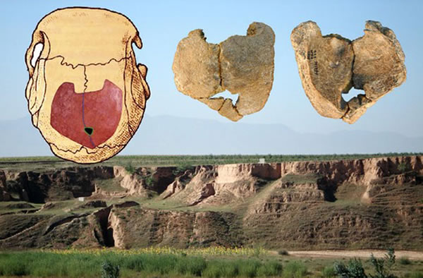 Human skull fossils (inset) found at the Xujiayao site in China (background) sho
