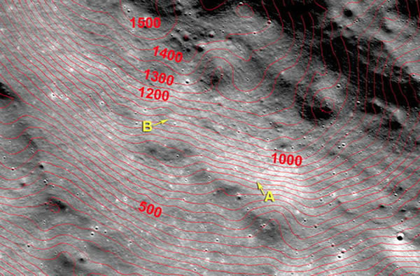 A stereo image-derived topographic map of the GRAIL Impact area, map is 8400 met