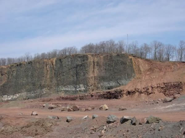 美国新泽西州克利夫顿的一个地区(曾经是采石场),左侧的黑色岩石由三叠纪末期的大规模玄武岩流形成,右侧的红色沉积层中存在物种大灭绝线索