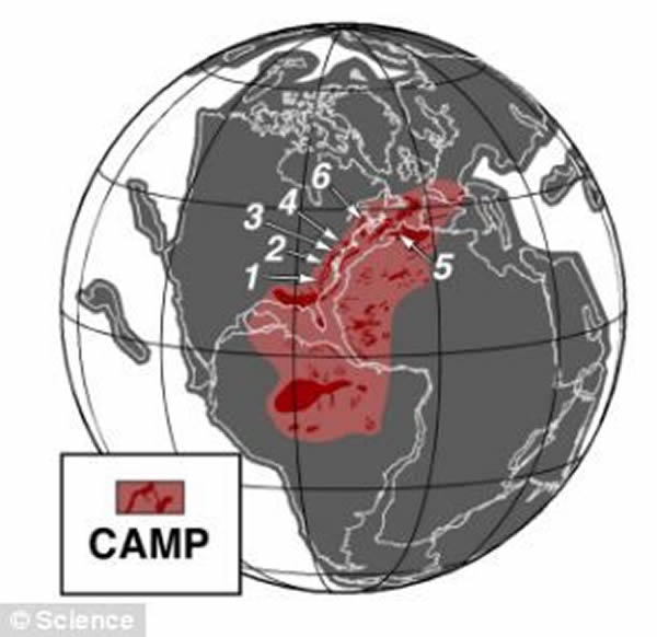 侏罗纪早期的板块构造图,展示2亿年前一系列大规模火山喷发发生时的中大西洋岩浆区分布情况