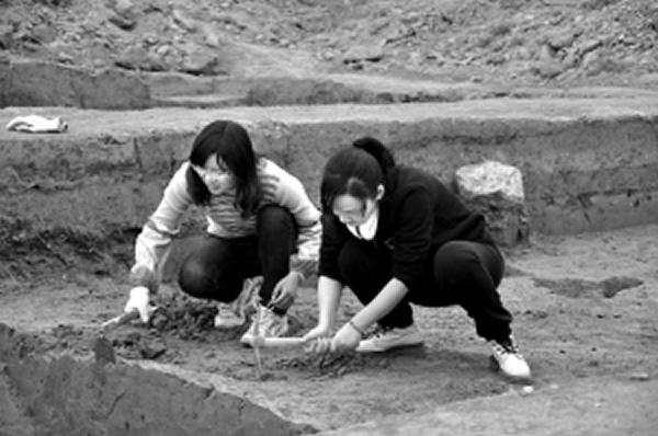 考古工作人员在兰家村遗址考古探方内小心发掘