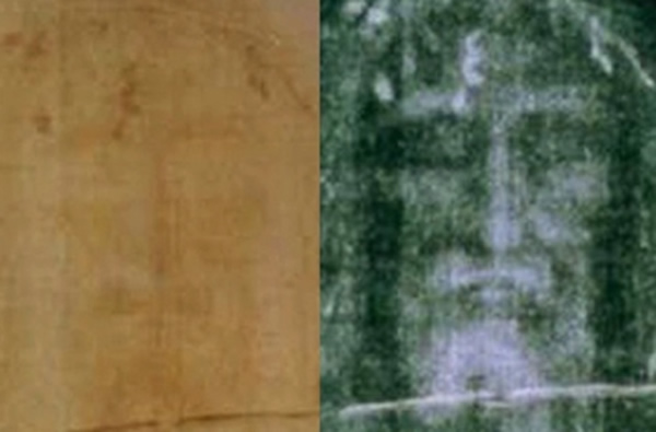 The Shroud of Turin: modern photo of the face, positive left, negative right.