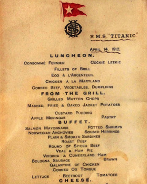 泰坦尼克号头等舱午餐菜单