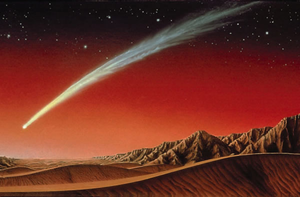 A bright comet over Mars is shown in this illustration.
