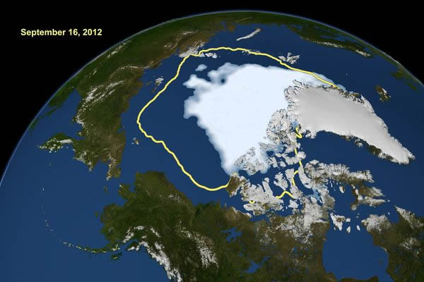 The drastic change between the 1979 Arctic sea ice minimum (outlined in yellow a