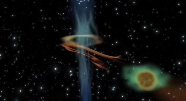 艺术家绘制的NGC 4845星系黑洞吸积14至30倍木星质量天体的情景,大量的表层物质被卷入黑洞中,形成了一个物质漩涡