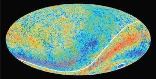 普朗克最新数据绘制的宇宙微波背景辐射地图,可以看到神秘的“邪恶轴心”(白色线)以及诡异的低温区域(白色圈出),宇宙学家们认为后者可能是另一个宇宙与我们所在宇宙之