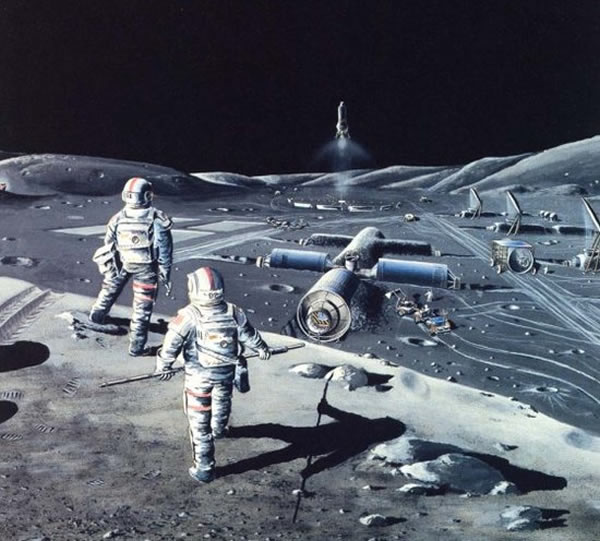 俄罗斯科学家设想登月时的情景,地面基地的造型酷似早期空间站