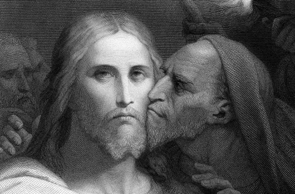 The kiss of Judas, as portrayed in an engraving.