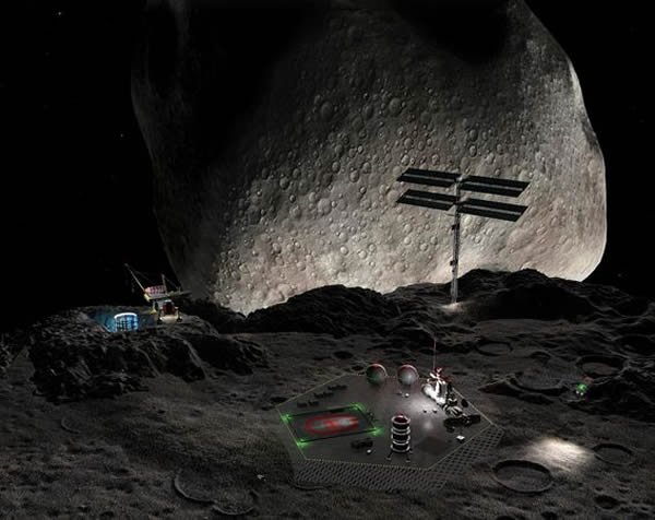 Computer artwork of a hypothetical asteroid mining settlement.