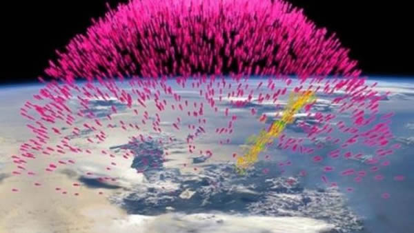 所谓“黑色”闪电的艺术示意图。图中粉色表示伽马射线,它和大气分子之间相互作用并产生电子和正电子(黄色和绿色)