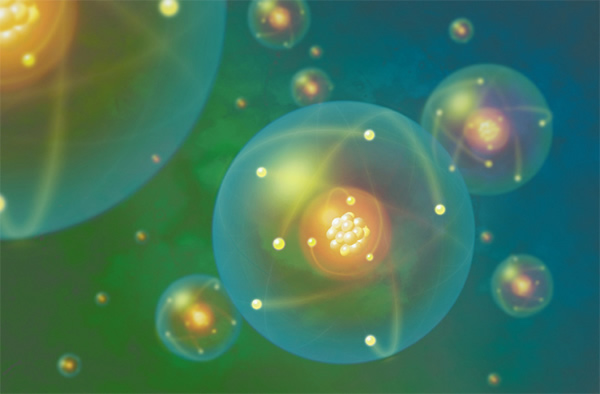 Conceptual visualization of the Bohr model of an atom -- at the center is the ti