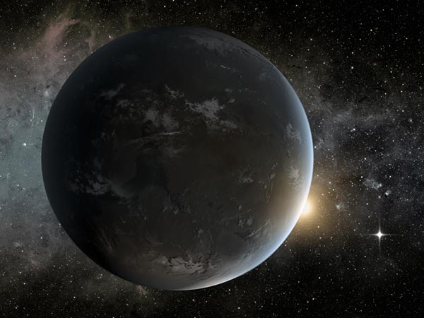Newfound exoplanet Kepler-62f is imagined in an illustration. The shining star t