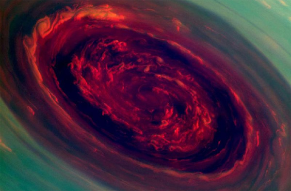 The spinning vortex of Saturns north polar storm as imaged by Cassini.