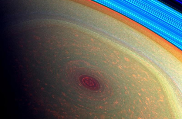 False-color image of Saturns northern pole as imaged by Cassini.