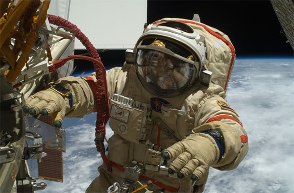 Cosmonaut Oleg Kotov as Expedition 22 flight engineer during a spacewalk to main
