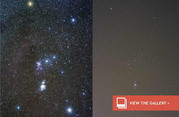 A example of a dark sky (left) versus a light-polluted sky (right), centered on