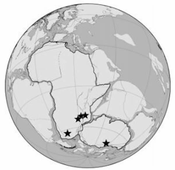 这是一张盘古大陆的古地理图,图中的五角星表示大部分二叠纪和三叠纪化石发现的地点。