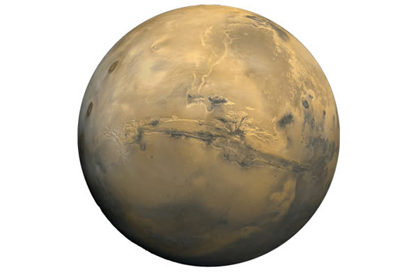 The Valles Marineris is seen in the center of this image of Mars.