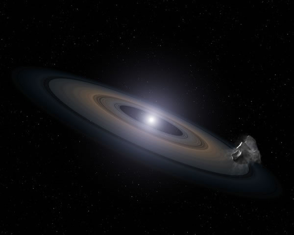 This is an artist’s impression of a a white dwarf with a disk of rocky debris le