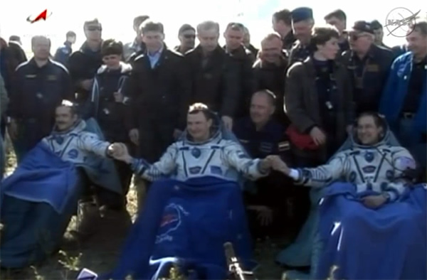 Canadian astronaut Chris Hadfield (far left), Russian cosmonaut Roman Romanenko