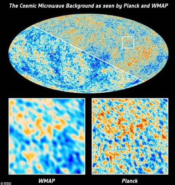 WMAP探测器与普朗克空间望远镜绘制的CMB分布图,后者显示出相当高的观测精度