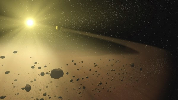 An artists concept of the asteroid belt filled with rocks and dusty debris orbi