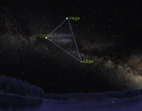 Three bright stars form a giant triangular formation known as the Summer Triangl