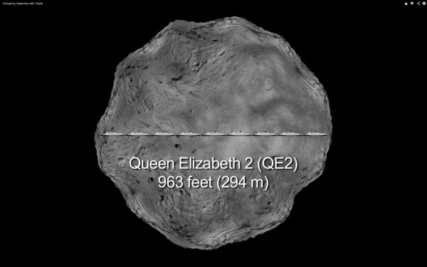 Asteroid QE2 is equal in length to 9 Queen Elizabeth cruise-liners. credit: JPL/
