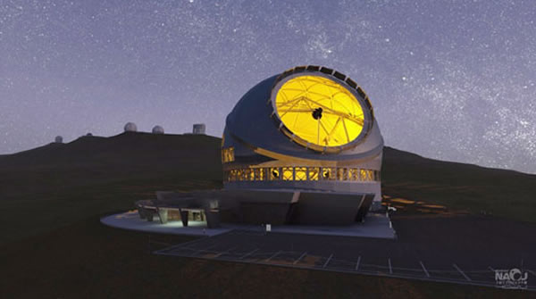 图为国际合作在美国夏威夷岛建设的30米口径超大型望远镜效果图。日本国立天文台已着手为该望远镜制作镜片。