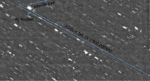 小行星P/2010A2的长尾巴延伸距离接近地球月球距离的三倍。