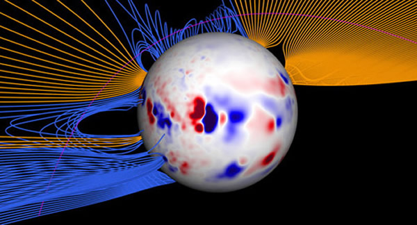 图中清晰呈现2011年12月“拉夫乔伊”彗星穿过日冕层磁场时,磁场弧状结构是该彗星的运行轨迹,它穿过开放(橙色部分)和闭合(蓝色部分)磁场线