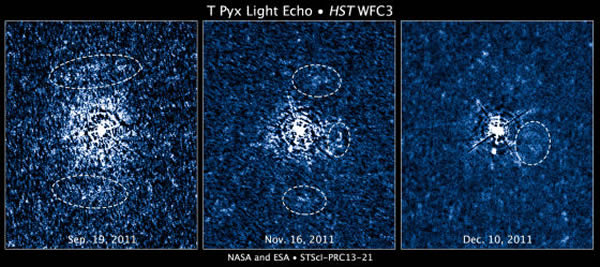 这三张图像均为哈勃空间望远镜拍摄,展示了从一颗爆发恒星喷发出的物质在其周遭空间堆积的三维结构。