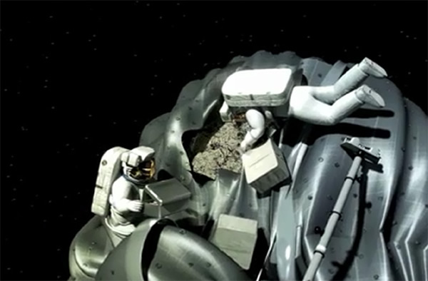 Screenshot from a NASA video depicting astronauts retrieving samples from a capt