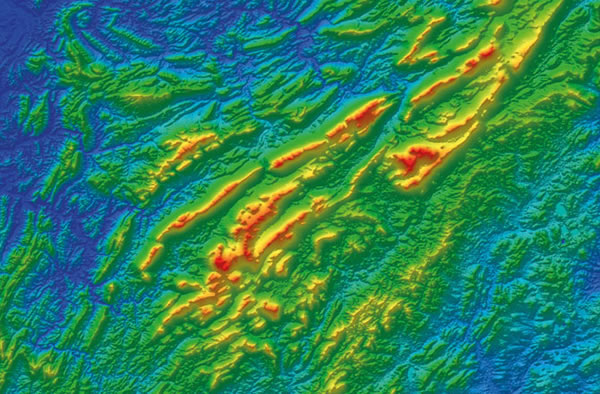 Elevation map of ancient topography in the southern Ural Mountains in Russia.