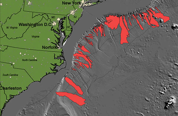 Historical undersea landslides in the Hudson Canyon, off the east coast.